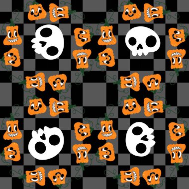 Cadılar Bayramı balkabakları kağıt, kumaş, çarşaf, çocuk giysisi baskısı, şenlik ambalajı ve sonbahar partisi aksesuarları için kusursuz canavar desenleri. Yüksek kaliteli illüstrasyon