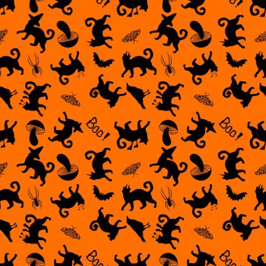 Cadılar Bayramı hayvanları, kağıt, kumaş, çarşaf, çocuk kıyafetleri ve parti aksesuarları için kusursuz kediler ve balkabağı desenleri. Yüksek kaliteli illüstrasyon