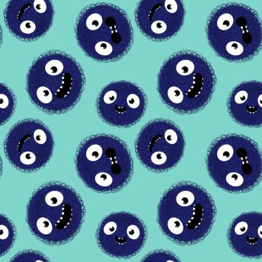 Çizgi film canavarları kağıt, kumaş, çarşaf ve çocuk giysileri baskısı ve Cadılar Bayramı ambalajları için kusursuz desenler. Yüksek kaliteli illüstrasyon