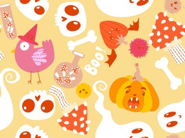 Cadılar Bayramı balkabakları kağıt, kumaş, çarşaf, çocuk giysisi baskısı, şenlik ambalajı ve sonbahar partisi aksesuarları için kusursuz canavar desenleri. Yüksek kaliteli illüstrasyon