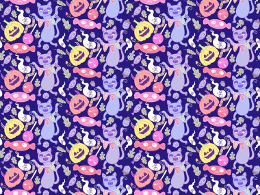 Cadılar Bayramı hayvanları, kağıt, kumaş, çarşaf, çocuk kıyafetleri ve parti aksesuarları için kusursuz kediler ve balkabağı desenleri. Yüksek kaliteli illüstrasyon