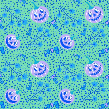 Cadılar Bayramı balkabakları kağıt, kumaş, çarşaf, çocuk giysisi baskısı, şenlik ambalajı ve sonbahar partisi aksesuarları için kusursuz canavar desenleri. Yüksek kaliteli illüstrasyon