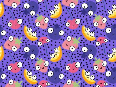 Kağıt ve kumaşlar ve çocuk giysileri baskısı, şenlik ambalajları ve mutfak aksesuarları için dikişsiz çilek deseni. Yüksek kaliteli illüstrasyon