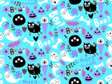 Cadılar Bayramı hayvanları, kağıt, kumaş, çarşaf, çocuk kıyafetleri ve parti aksesuarları için kusursuz kediler ve balkabağı desenleri. Yüksek kaliteli illüstrasyon