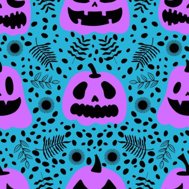 Cadılar Bayramı balkabakları kağıt, kumaş, çarşaf, çocuk giysisi baskısı, şenlik ambalajı ve sonbahar partisi aksesuarları için kusursuz canavar desenleri. Yüksek kaliteli illüstrasyon