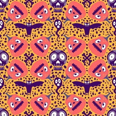 Cadılar Bayramı balkabakları kağıt, kumaş, çarşaf, çocuk giysisi baskısı, şenlik ambalajı ve sonbahar partisi aksesuarları için kusursuz canavar desenleri. Yüksek kaliteli illüstrasyon