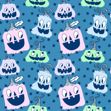 Cadılar Bayramı balkabakları kağıt, kumaş, çarşaf, çocuk giysisi baskısı, şenlik ambalajı ve sonbahar partisi aksesuarları için kusursuz canavar desenleri. Yüksek kaliteli illüstrasyon