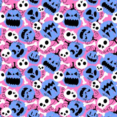 Cadılar Bayramı balkabakları kağıt, kumaş, çarşaf, çocuk giysisi baskısı, şenlik ambalajı ve sonbahar partisi aksesuarları için kusursuz canavar desenleri. Yüksek kaliteli illüstrasyon