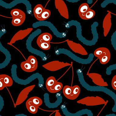 Cadılar Bayramı meyve canavarları kumaşlar ve çarşaflar için dikişsiz kiraz deseni ve ambalaj kağıdı ve çocuk giysileri baskısı ve sonbahar partisi aksesuarları. Yüksek kalite fotoğraf