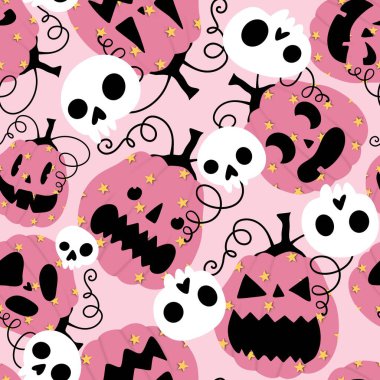 Cadılar Bayramı balkabakları kağıt, kumaş, çarşaf, çocuk giysisi baskısı, şenlik ambalajı ve sonbahar partisi aksesuarları için kusursuz canavar desenleri. Yüksek kaliteli illüstrasyon