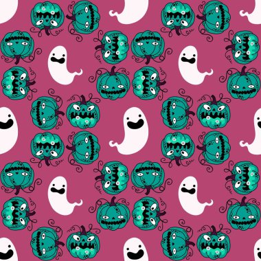 Cadılar Bayramı balkabakları kağıt, kumaş, çarşaf, çocuk giysisi baskısı, şenlik ambalajı ve sonbahar partisi aksesuarları için kusursuz canavar desenleri. Yüksek kaliteli illüstrasyon