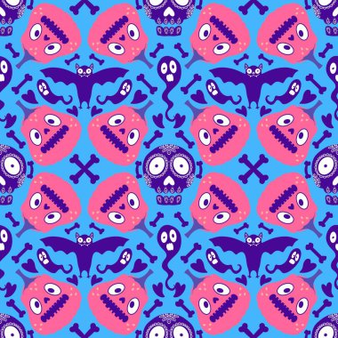 Cadılar Bayramı balkabakları kağıt, kumaş, çarşaf, çocuk giysisi baskısı, şenlik ambalajı ve sonbahar partisi aksesuarları için kusursuz canavar desenleri. Yüksek kaliteli illüstrasyon