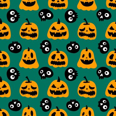 Cadılar Bayramı balkabakları kağıt, kumaş, çarşaf, çocuk giysisi baskısı, şenlik ambalajı ve sonbahar partisi aksesuarları için kusursuz canavar desenleri. Yüksek kaliteli illüstrasyon