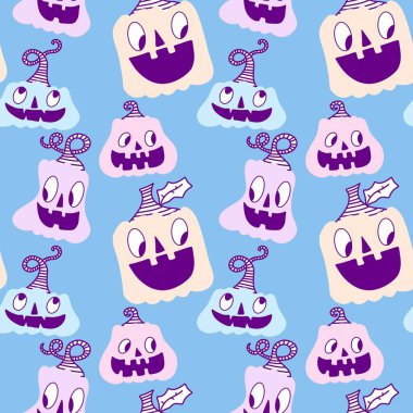 Cadılar Bayramı balkabakları kağıt, kumaş, çarşaf, çocuk giysisi baskısı, şenlik ambalajı ve sonbahar partisi aksesuarları için kusursuz canavar desenleri. Yüksek kaliteli illüstrasyon