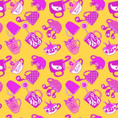 Cadılar Bayramı canavarları hayalet, kafatası ve kumaş, çarşaf ve çocuk kıyafetleri ve sonbahar partisi aksesuarları için şeker desenli dikişsiz bardaklar. Yüksek kalite fotoğraf