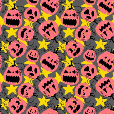 Cadılar Bayramı balkabakları kağıt, kumaş, çarşaf, çocuk giysisi baskısı, şenlik ambalajı ve sonbahar partisi aksesuarları için kusursuz canavar desenleri. Yüksek kaliteli illüstrasyon