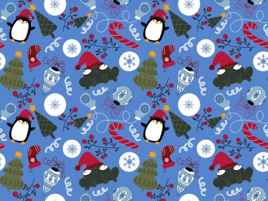 Çizgi filmdeki Noel hayvanları dikişsiz penguenler, kurbağalar ve kağıt, kumaş, çarşaf ve yeni yıl partisi aksesuarları için şeker desenleri. Yüksek kalite fotoğraf