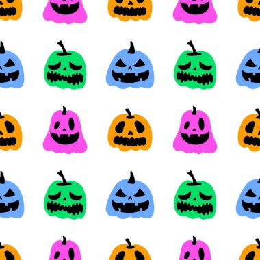 Cadılar Bayramı balkabakları kağıt, kumaş, çarşaf, çocuk giysisi baskısı, şenlik ambalajı ve sonbahar partisi aksesuarları için kusursuz canavar desenleri. Yüksek kaliteli illüstrasyon