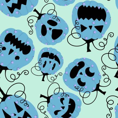 Cadılar Bayramı balkabakları kağıt, kumaş, çarşaf, çocuk giysisi baskısı, şenlik ambalajı ve sonbahar partisi aksesuarları için kusursuz canavar desenleri. Yüksek kaliteli illüstrasyon
