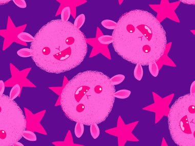 Çizgi film canavarları kağıt, kumaş, çarşaf ve çocuk giysileri baskısı ve Cadılar Bayramı ambalajları için kusursuz desenler. Yüksek kaliteli illüstrasyon