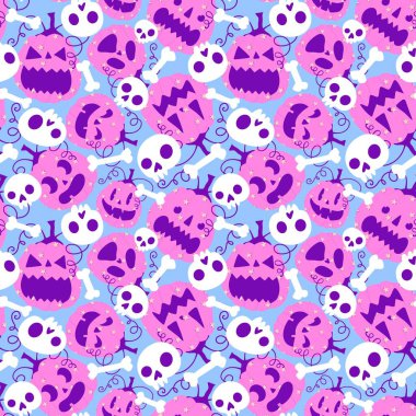 Cadılar Bayramı balkabakları kağıt, kumaş, çarşaf, çocuk giysisi baskısı, şenlik ambalajı ve sonbahar partisi aksesuarları için kusursuz canavar desenleri. Yüksek kaliteli illüstrasyon