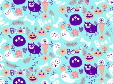 Cadılar Bayramı hayvanları, kağıt, kumaş, çarşaf, çocuk kıyafetleri ve parti aksesuarları için kusursuz kediler ve balkabağı desenleri. Yüksek kaliteli illüstrasyon