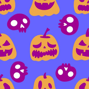 Cadılar Bayramı balkabakları kağıt, kumaş, çarşaf, çocuk giysisi baskısı, şenlik ambalajı ve sonbahar partisi aksesuarları için kusursuz canavar desenleri. Yüksek kaliteli illüstrasyon