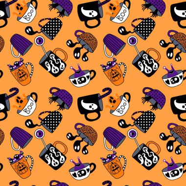 Cadılar Bayramı canavarları hayalet, kafatası ve kumaş, çarşaf ve çocuk kıyafetleri ve sonbahar partisi aksesuarları için şeker desenli dikişsiz bardaklar. Yüksek kalite fotoğraf