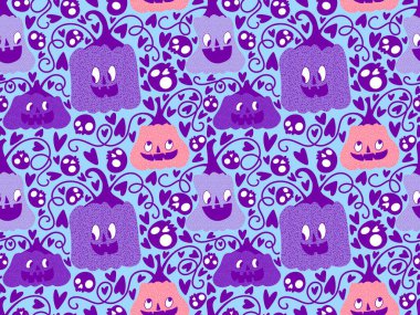 Cadılar Bayramı balkabakları kağıt, kumaş, çarşaf, çocuk giysisi baskısı, şenlik ambalajı ve sonbahar partisi aksesuarları için kusursuz canavar desenleri. Yüksek kaliteli illüstrasyon