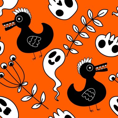 Cadılar Bayramı hayvanlarının kafatası ve ördek desenleri kağıt, kumaş, çarşaf ve çocuk giysileri ve sonbahar partisi aksesuarları için. Yüksek kalite fotoğraf