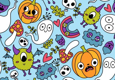 Cadılar Bayramı balkabakları kağıt, kumaş, çarşaf, çocuk giysisi baskısı, şenlik ambalajı ve sonbahar partisi aksesuarları için kusursuz canavar desenleri. Yüksek kaliteli illüstrasyon