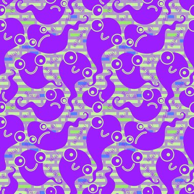 Cadılar Bayramı hayaletleri kağıt, kumaş, çarşaf ve çocuk giysileri baskısı, ambalaj ve şenlikli aksesuarlar için kusursuz çizgi film desenleri. Yüksek kaliteli illüstrasyon