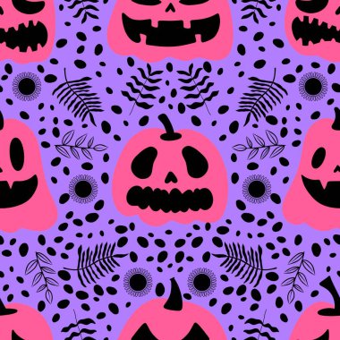 Cadılar Bayramı balkabakları kağıt, kumaş, çarşaf, çocuk giysisi baskısı, şenlik ambalajı ve sonbahar partisi aksesuarları için kusursuz canavar desenleri. Yüksek kaliteli illüstrasyon
