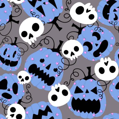 Cadılar Bayramı balkabakları kağıt, kumaş, çarşaf, çocuk giysisi baskısı, şenlik ambalajı ve sonbahar partisi aksesuarları için kusursuz canavar desenleri. Yüksek kaliteli illüstrasyon