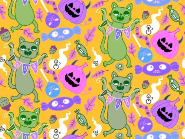 Cadılar Bayramı hayvanları, kağıt, kumaş, çarşaf, çocuk kıyafetleri ve parti aksesuarları için kusursuz kediler ve balkabağı desenleri. Yüksek kaliteli illüstrasyon