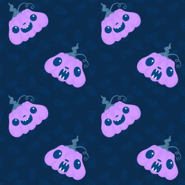 Cadılar Bayramı balkabakları kağıt, kumaş, çarşaf, çocuk giysisi baskısı, şenlik ambalajı ve sonbahar partisi aksesuarları için kusursuz canavar desenleri. Yüksek kaliteli illüstrasyon