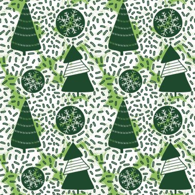 Karikatür Noel ağacı desenli ambalaj kağıtları, kumaşlar, çarşaflar, çocuk kıyafetleri ve parti aksesuarları. Yüksek kaliteli illüstrasyon