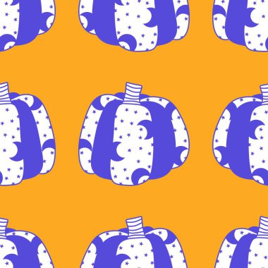 Cadılar Bayramı balkabakları kağıt, kumaş, çarşaf, çocuk giysisi baskısı, şenlik ambalajı ve sonbahar partisi aksesuarları için kusursuz canavar desenleri. Yüksek kaliteli illüstrasyon