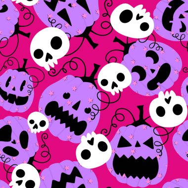 Cadılar Bayramı balkabakları kağıt, kumaş, çarşaf, çocuk giysisi baskısı, şenlik ambalajı ve sonbahar partisi aksesuarları için kusursuz canavar desenleri. Yüksek kaliteli illüstrasyon