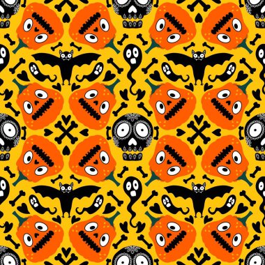 Cadılar Bayramı balkabakları kağıt, kumaş, çarşaf, çocuk giysisi baskısı, şenlik ambalajı ve sonbahar partisi aksesuarları için kusursuz canavar desenleri. Yüksek kaliteli illüstrasyon