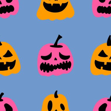 Cadılar Bayramı balkabakları kağıt, kumaş, çarşaf, çocuk giysisi baskısı, şenlik ambalajı ve sonbahar partisi aksesuarları için kusursuz canavar desenleri. Yüksek kaliteli illüstrasyon