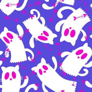 Cadılar Bayramı hayaletleri kağıt, kumaş, çarşaf ve çocuk giysileri baskısı, ambalaj ve şenlikli aksesuarlar için kusursuz çizgi film desenleri. Yüksek kaliteli illüstrasyon