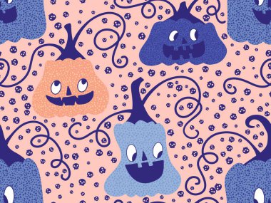 Cadılar Bayramı balkabakları kağıt, kumaş, çarşaf, çocuk giysisi baskısı, şenlik ambalajı ve sonbahar partisi aksesuarları için kusursuz canavar desenleri. Yüksek kaliteli illüstrasyon