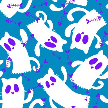 Cadılar Bayramı hayaletleri kağıt, kumaş, çarşaf ve çocuk giysileri baskısı, ambalaj ve şenlikli aksesuarlar için kusursuz çizgi film desenleri. Yüksek kaliteli illüstrasyon