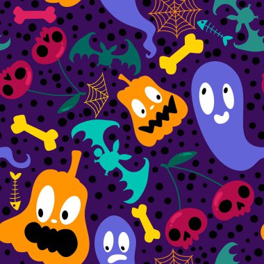 Cadılar Bayramı balkabakları kağıt, kumaş, çarşaf, çocuk giysisi baskısı, şenlik ambalajı ve sonbahar partisi aksesuarları için kusursuz canavar desenleri. Yüksek kaliteli illüstrasyon