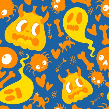 Cadılar Bayramı balkabakları kağıt, kumaş, çarşaf, çocuk giysisi baskısı, şenlik ambalajı ve sonbahar partisi aksesuarları için kusursuz canavar desenleri. Yüksek kaliteli illüstrasyon