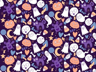 Cadılar Bayramı balkabakları kağıt, kumaş, çarşaf, çocuk giysisi baskısı, şenlik ambalajı ve sonbahar partisi aksesuarları için kusursuz canavar desenleri. Yüksek kaliteli illüstrasyon