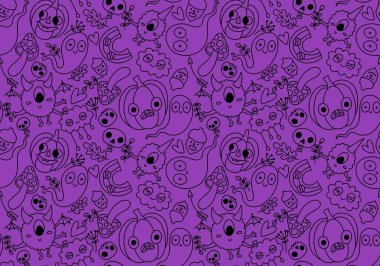 Cadılar Bayramı balkabakları kağıt, kumaş, çarşaf, çocuk giysisi baskısı, şenlik ambalajı ve sonbahar partisi aksesuarları için kusursuz canavar desenleri. Yüksek kaliteli illüstrasyon