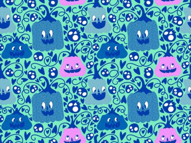 Cadılar Bayramı balkabakları kağıt, kumaş, çarşaf, çocuk giysisi baskısı, şenlik ambalajı ve sonbahar partisi aksesuarları için kusursuz canavar desenleri. Yüksek kaliteli illüstrasyon