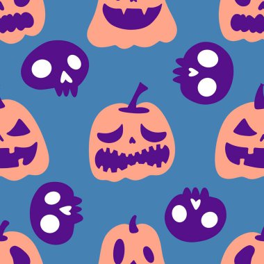 Cadılar Bayramı balkabakları kağıt, kumaş, çarşaf, çocuk giysisi baskısı, şenlik ambalajı ve sonbahar partisi aksesuarları için kusursuz canavar desenleri. Yüksek kaliteli illüstrasyon